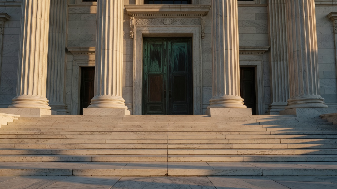 Low-angle wide shot looking up at a federal courthouse facade against an open sky.