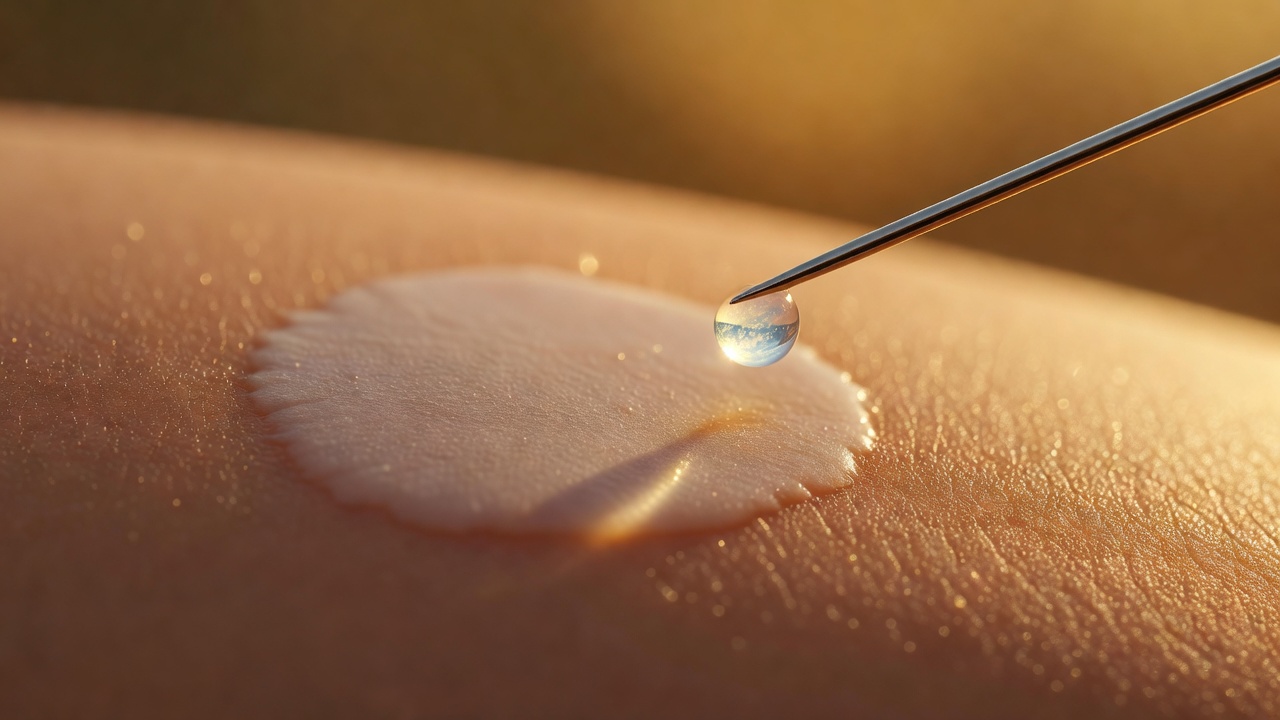 Needle tip holding a single clear droplet above a pale, rounded patch of skin, suggesting an injectable treatment aimed at a skin lesion.