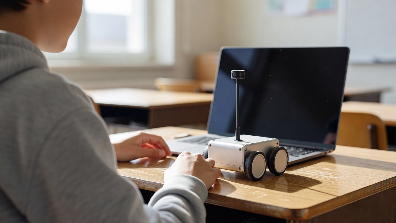 Over-the-shoulder medium shot of a student's hand resting beside a small wheeled robot on a classroom desk, its antenna module and chassis in focus, laptop screen dark and angled away, bright high-key daylight, 50mm lens.