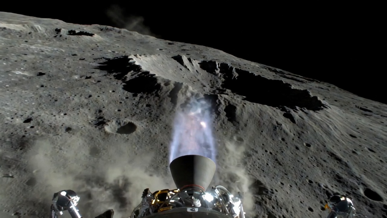 Over-the-shoulder view of a rocket lander descending toward the lunar south pole surface, methane exhaust plume visible beneath the engine bell, crater rim extending into the background, bright high-key overhead illumination, wide-angle lens.