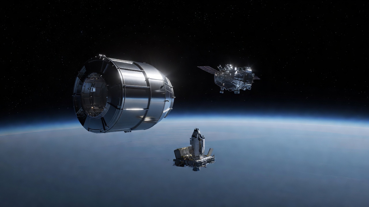 Sunlit stainless-steel Wake Shield chamber and solar-observation satellite float apart above Earth's curved horizon, Endeavour's cargo bay distant below, cool blue-hour glow, wide-angle deep-space establishing shot.