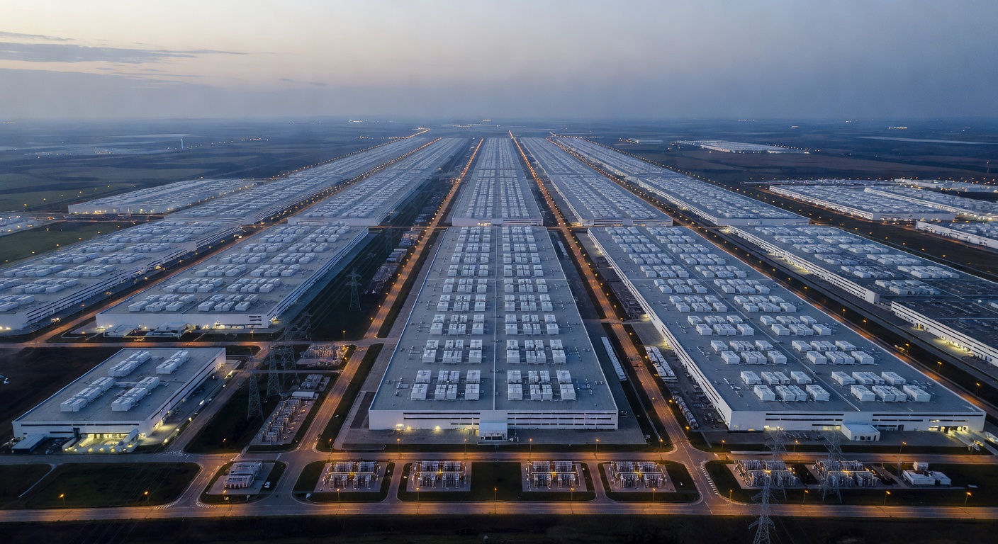 Aerial twilight photograph of a hyperscale data-center campus with parallel warehouse rows, rooftop cooling units, glowing access roads, and substations at the perimeter.