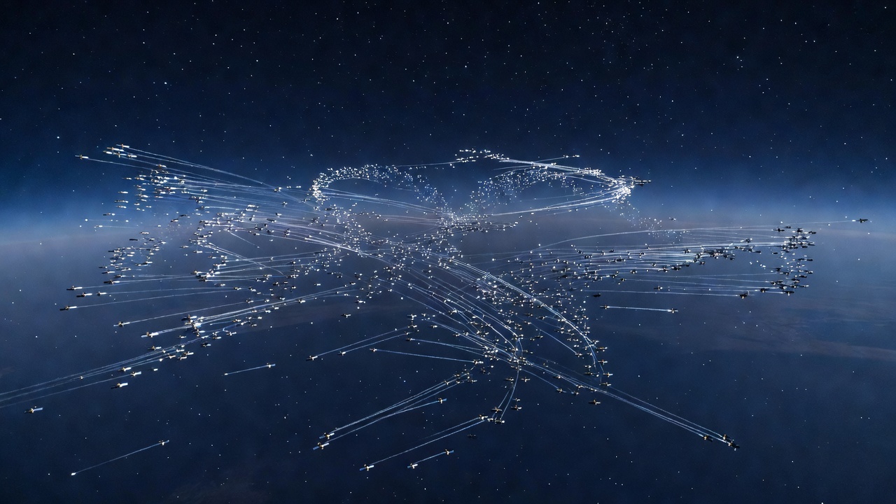 Wide-angle aerial perspective of a dense low Earth orbit satellite constellation, hundreds of small spacecraft trailing across the upper atmosphere against deep blue twilight, cool blue-hour ambient glow, long-exposure star-trail lens effect.