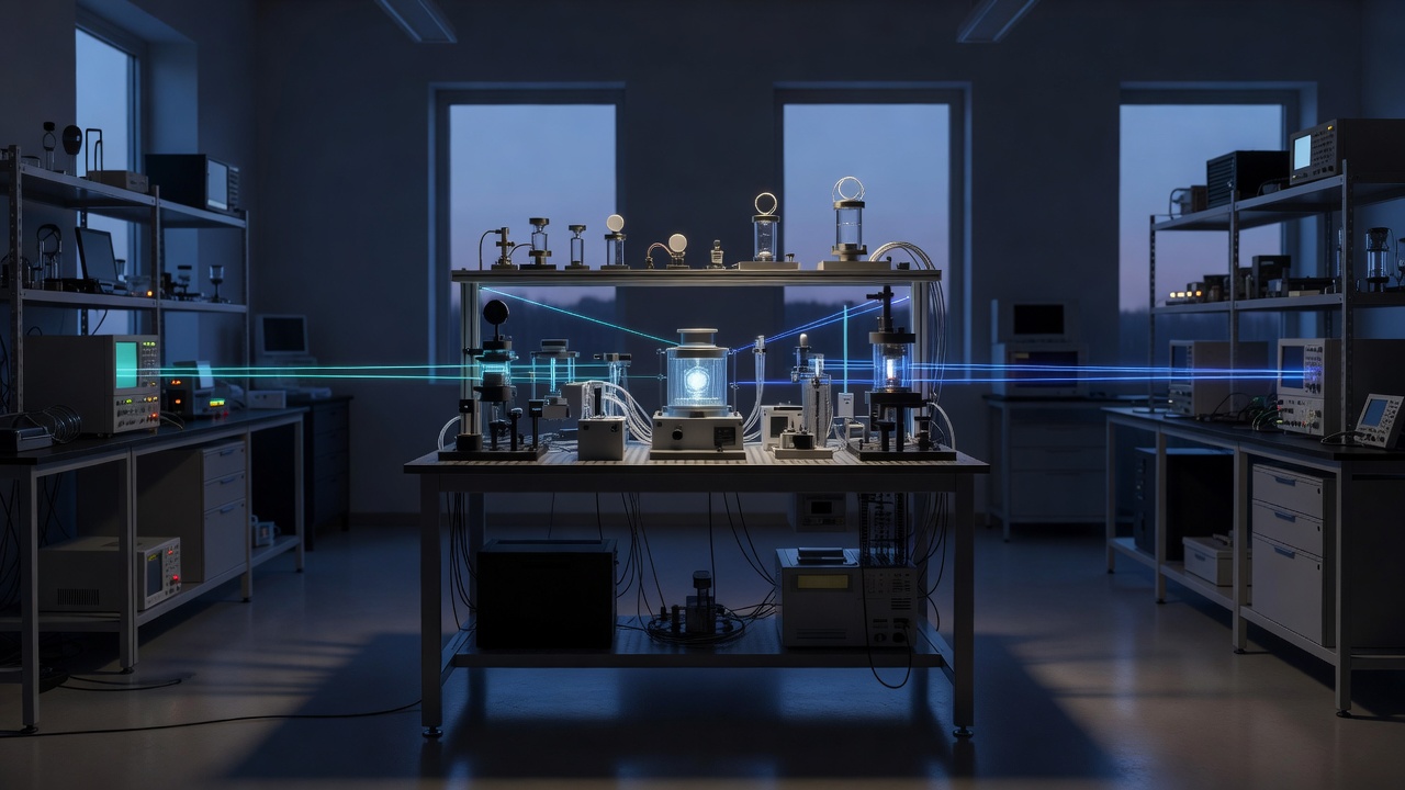 Blue laser beams crossing toward it, and instrument shelves along the walls.