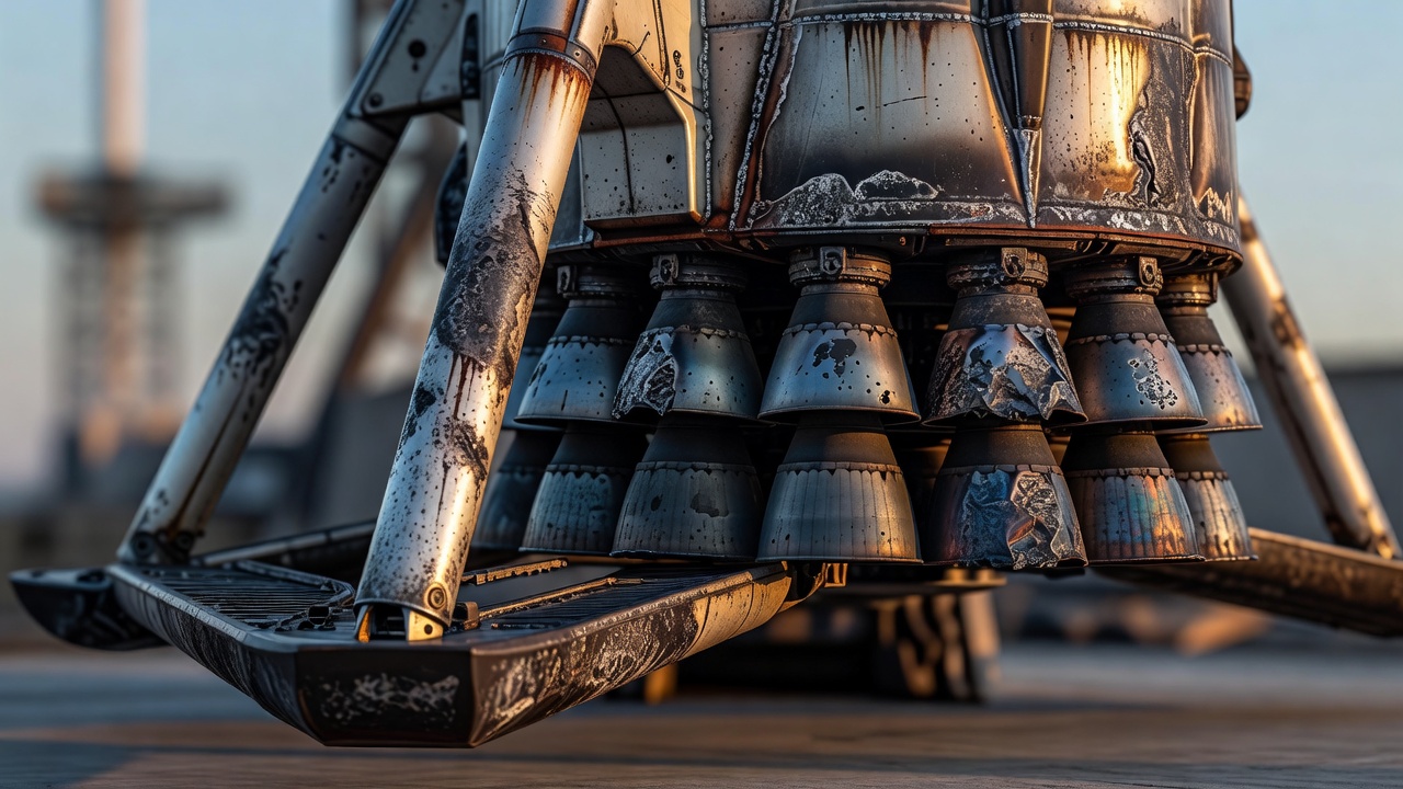 Close view of a soot-stained rocket booster's engine nozzles and landing legs, showing heat discoloration and wear from repeated flights.