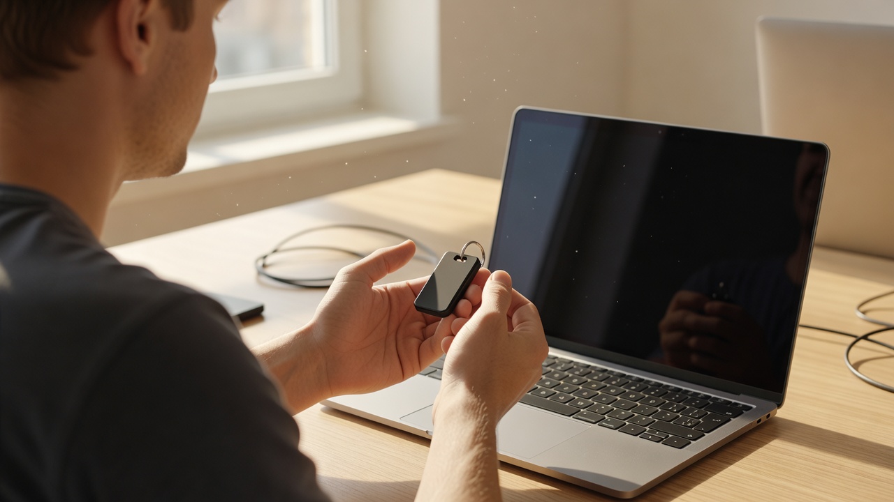 Hands loosely cupping a small unlabeled server-rack security key fob near a laptop's darkened, powered-off screen, warm daylight streaming through a window, over-the-shoulder medium shot, 50mm lens, bright high-key palette