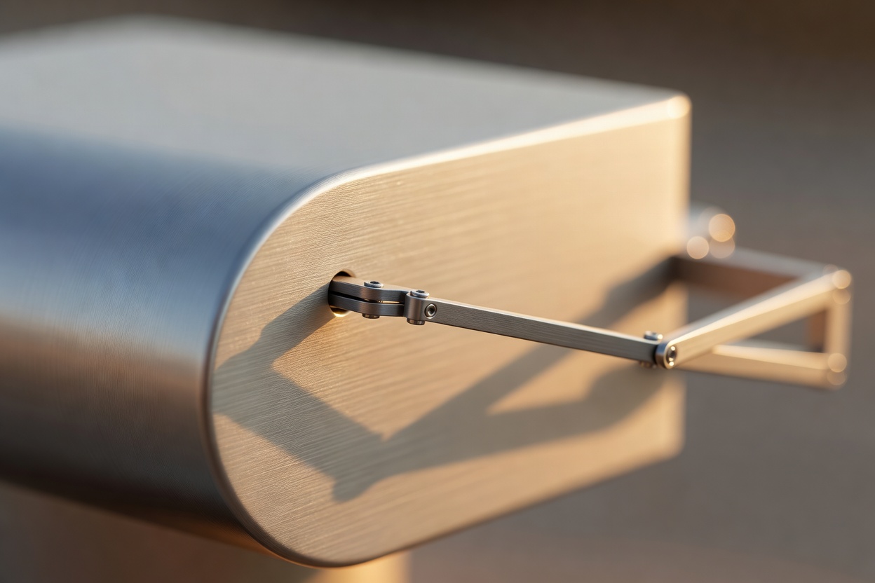 Close-up macro shot of brushed aluminum speaker housing with thin articulating mechanical arm extending from curved edge, warm golden-hour light grazing metallic surface creating soft highlights, shallow depth of field, 50mm macro lens
