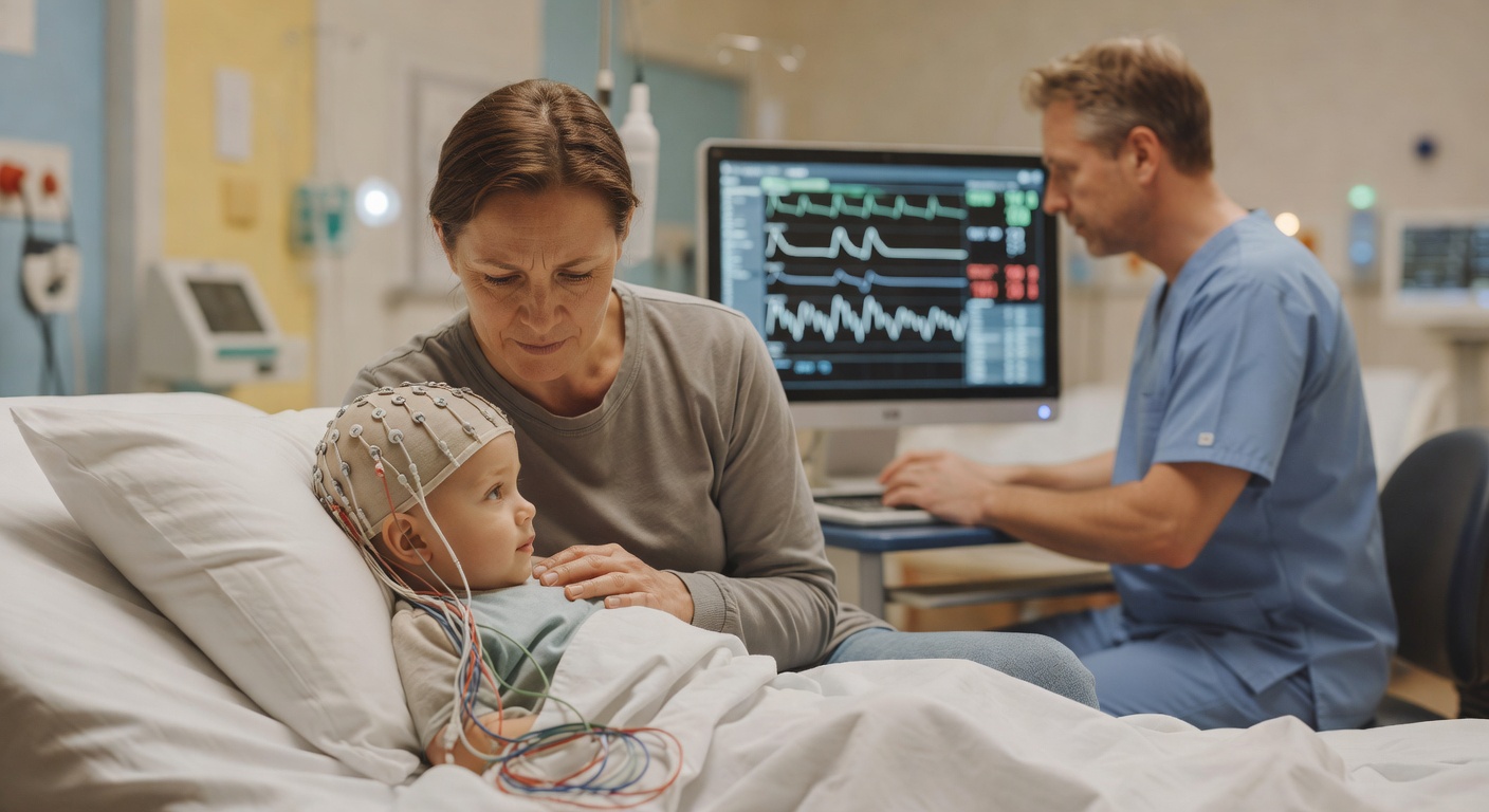 parent sitting beside a toddler on a hospital bed, child wearing an EEG cap with sensor leads attached, clinician review