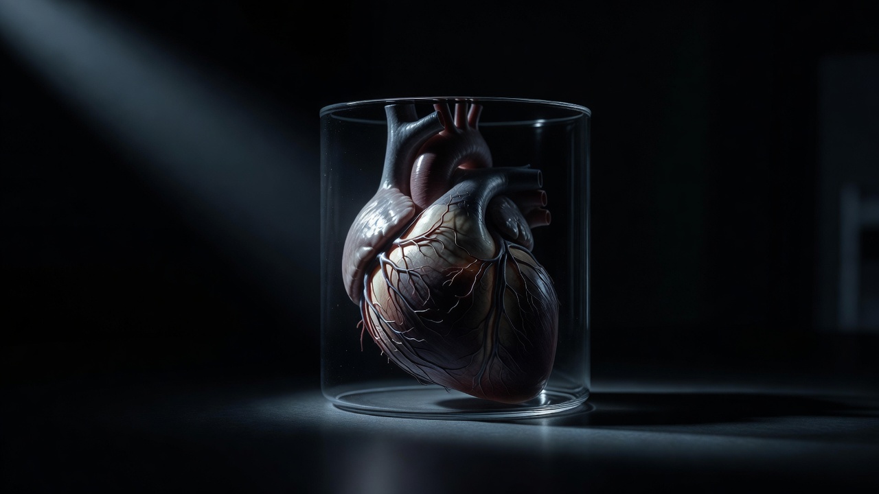 Low-angle hero shot of a human heart anatomical specimen in a clinical preservation vessel, surrounding environment dark and shadowed, single dramatic side light catching the coronary artery surface, 50mm lens, moody low-key dramatic palette.