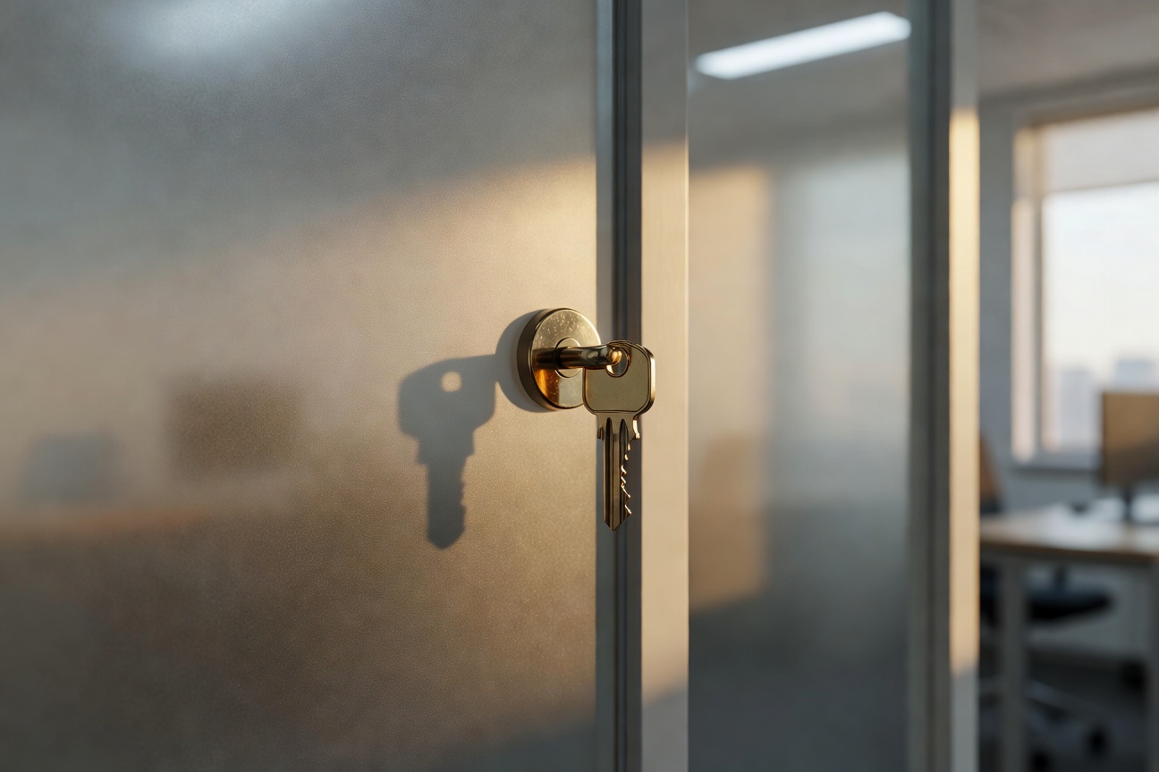 close-up of a brass key in a frosted glass door, late afternoon light, symbolizing channel-by-channel access permissions