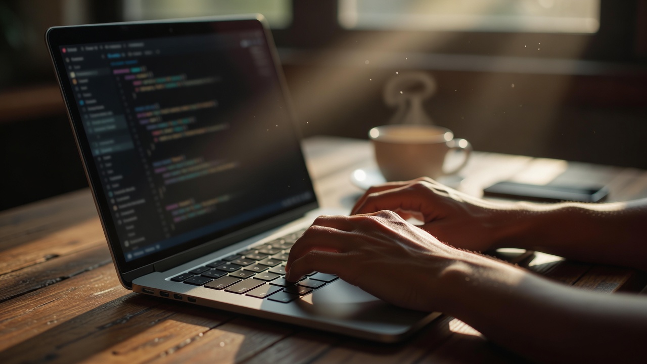 A developer coding on a laptop in warm morning light