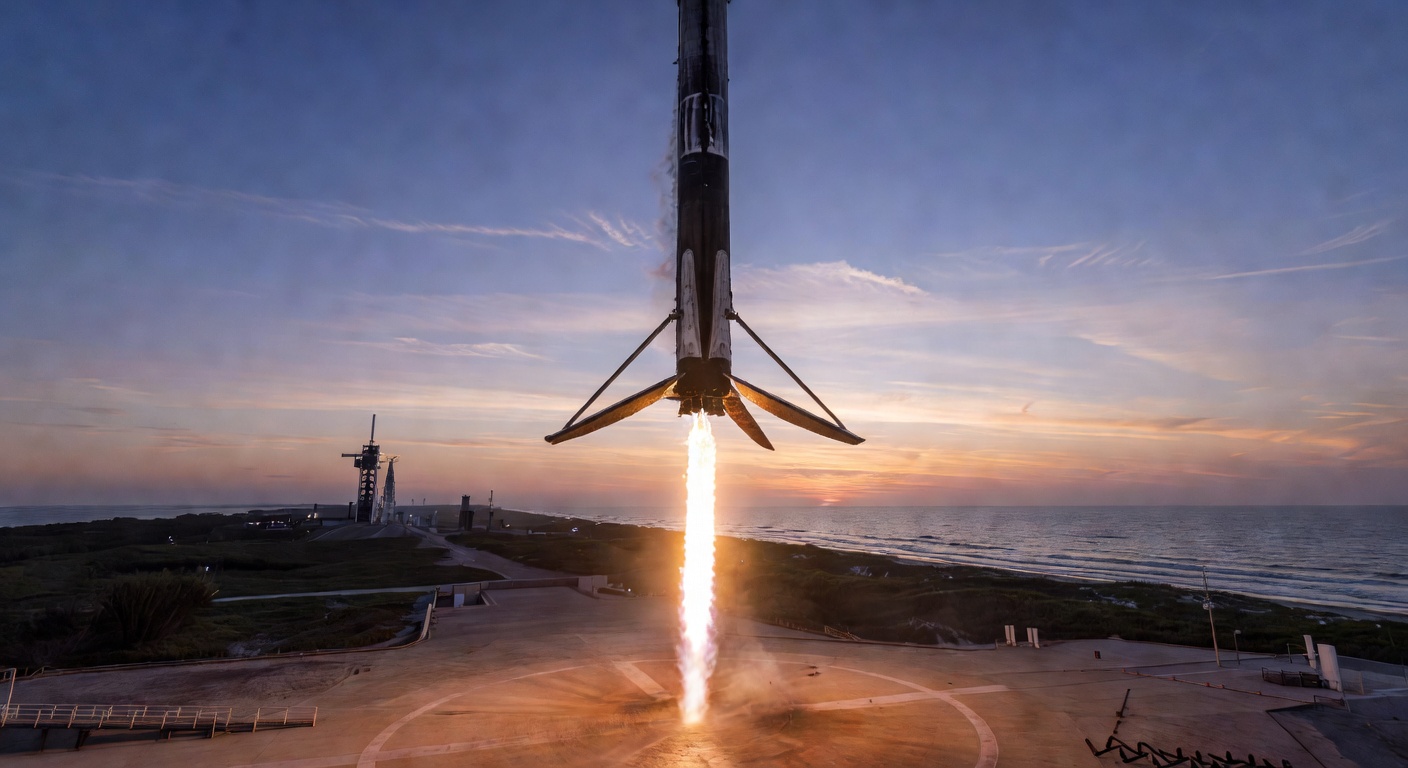 Falcon 9 first stage descending toward landing pad at Cape Canaveral Space Force Station, grid fins extended and landing legs deployed, with early morning Florida coastline visible in background