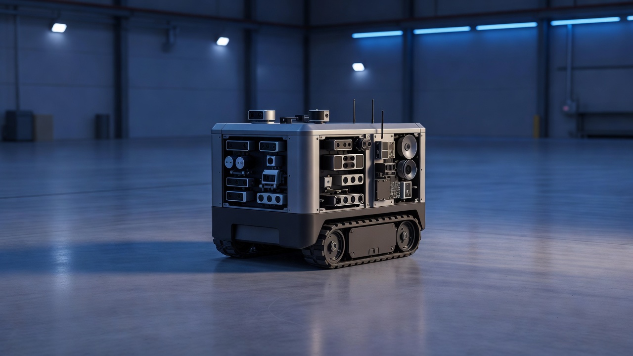 A Swiss-manufactured mobile robot weighing over two kilograms stands isolated on a testing floor, its onboard sensors and communication modules visible, blue-hour industrial lighting, wide establishing shot, cool ambient fill.