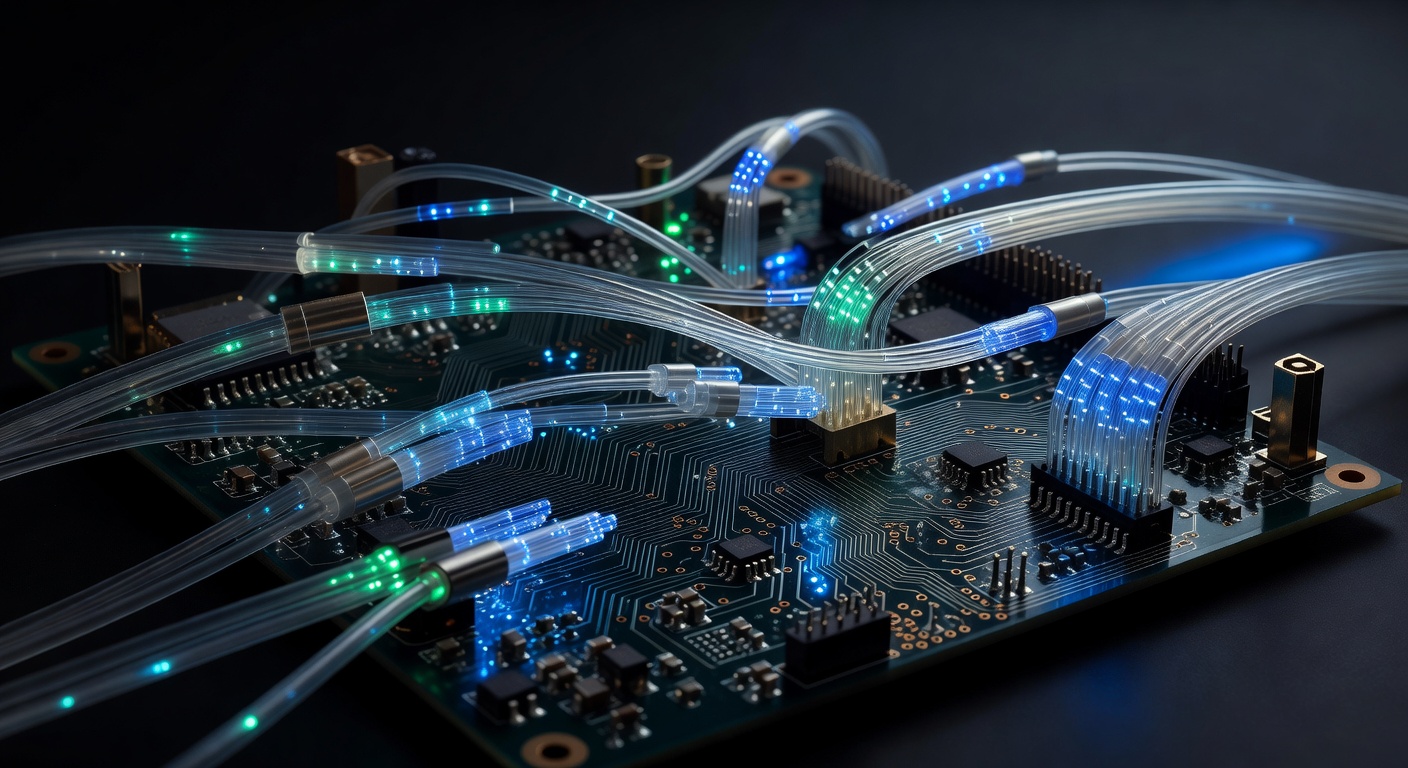 Close-up macro shot of interconnected fiber optic cables and circuit board pathways glowing with blue and teal light, 85mm lens with shallow depth of field, emphasizing precision engineering and data flow through infrastructure, dark background with ambient azure accent lighting