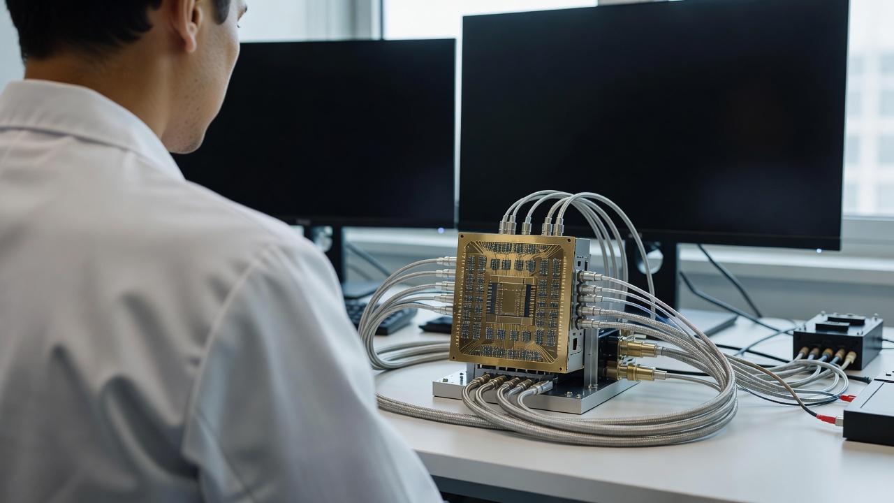Researcher in a white coat seen from behind, looking at a gold quantum processor chip carrier with braided cables on a desk beside dark monitors.