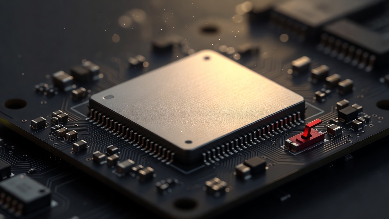 A silicon chip with a brushed metal heat spreader on a dark circuit board, with a small red kill-switch toggle beside it.