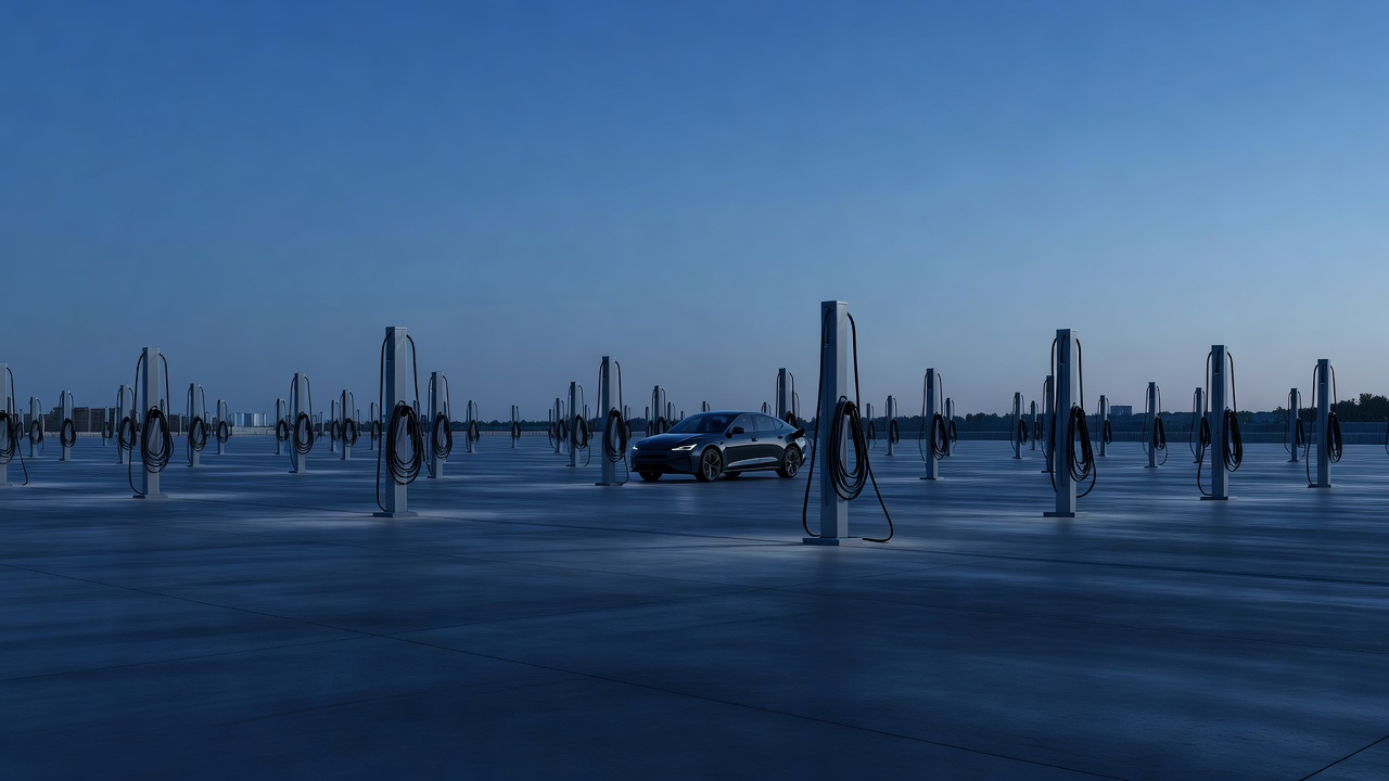 Wide shot of a nearly empty public EV charging plaza at blue hour, a lone battery electric sedan plugged in among dozens of vacant charging posts, cool twilight ambient light, wide-angle lens.