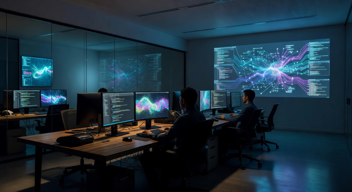 wide establishing shot of a dimmed modern tech office workspace at night, silhouettes of 3 software developers at workstations with multiple monitors displaying abstract code editor interfaces without readable text, large wall-mounted displays showing network topology graphs with no legible labels, ambient blue-teal ceiling lighting, glass partition walls, natural wood desk surfaces, shot on 24mm f/5.6 lens, deep focus, cinematic color grading with cool tones