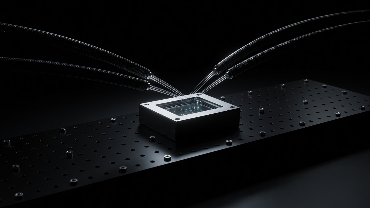 Four braided optical fibers converge on a small metal detector housing with a glass window on a black perforated optical bench in darkness.