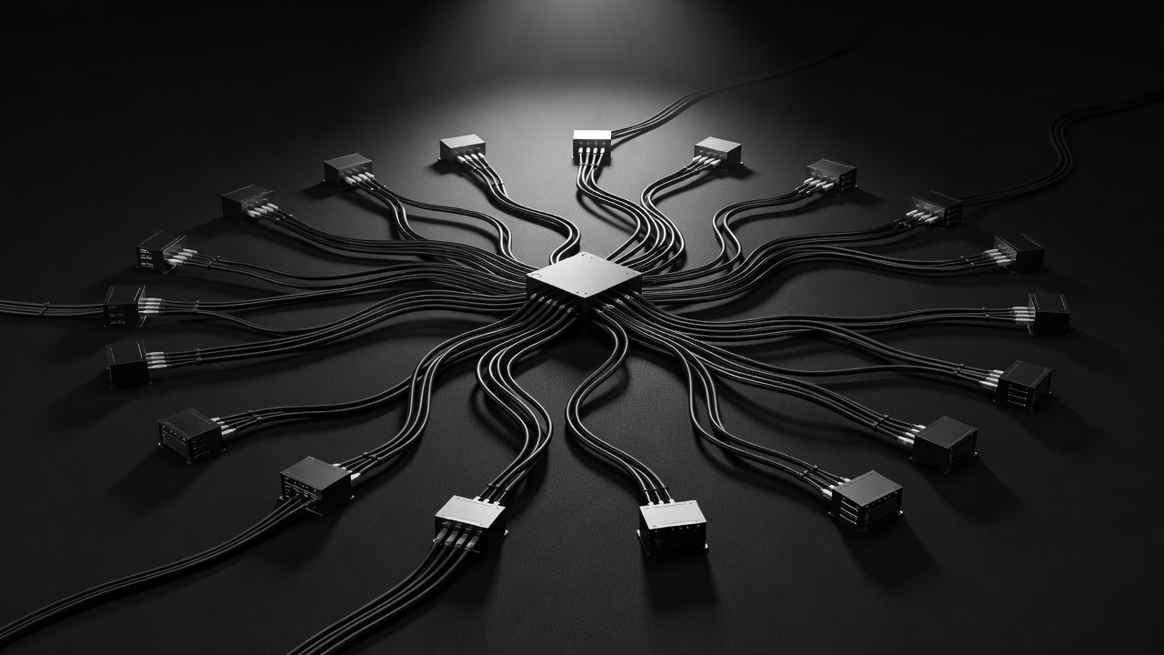 Architectural diagram abstracted as physical cable pathways branching from a central hub to multiple server nodes, dramatic overhead lighting on matte black surface