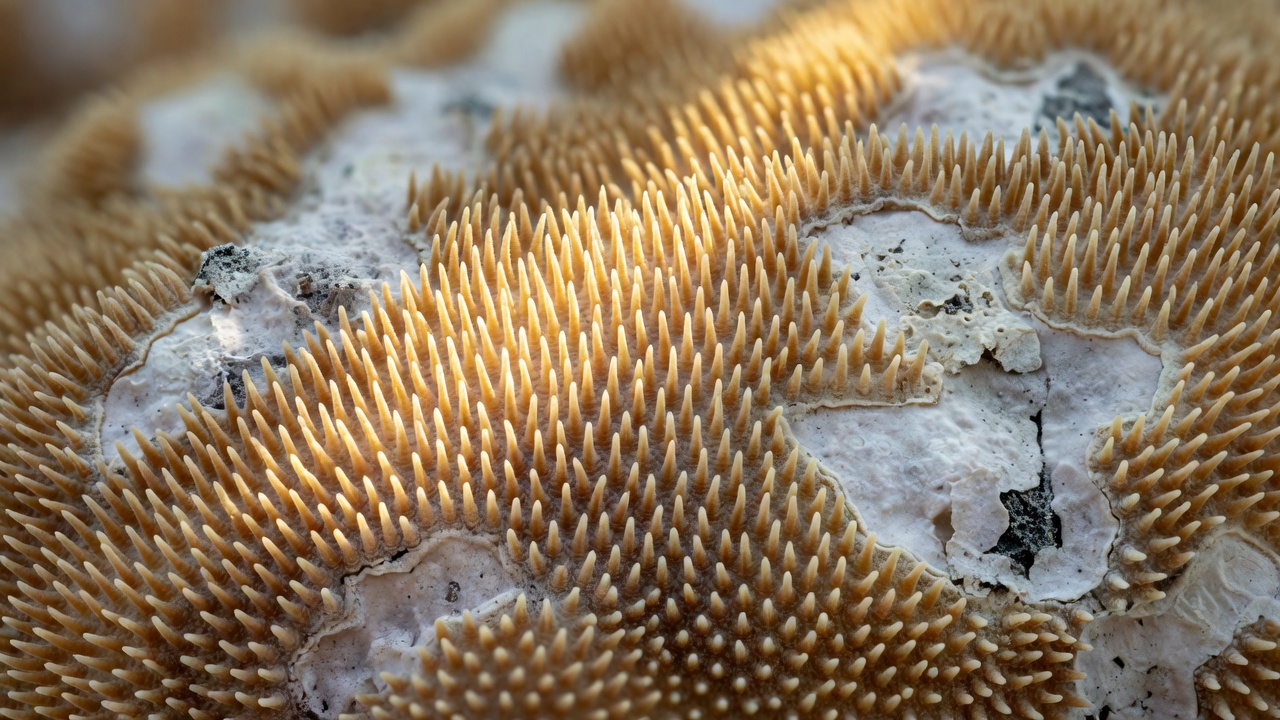 Tight macro close-up of *Porites lutea* coral surface cilia frozen motionless against necrotic tissue, warm amber-gold backlight raking across microscopic surface texture, shallow depth of field with 100mm macro lens.