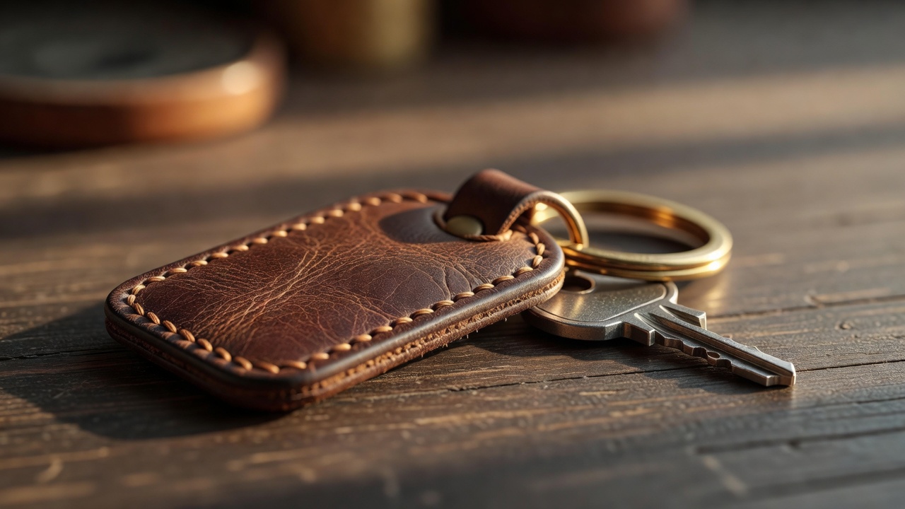 Stitched brown leather tag on a brass ring with a single steel key resting on a dark wooden surface.