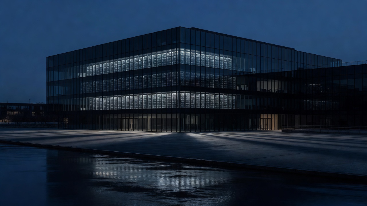 An empty plaza, and a reflective river in the foreground.
