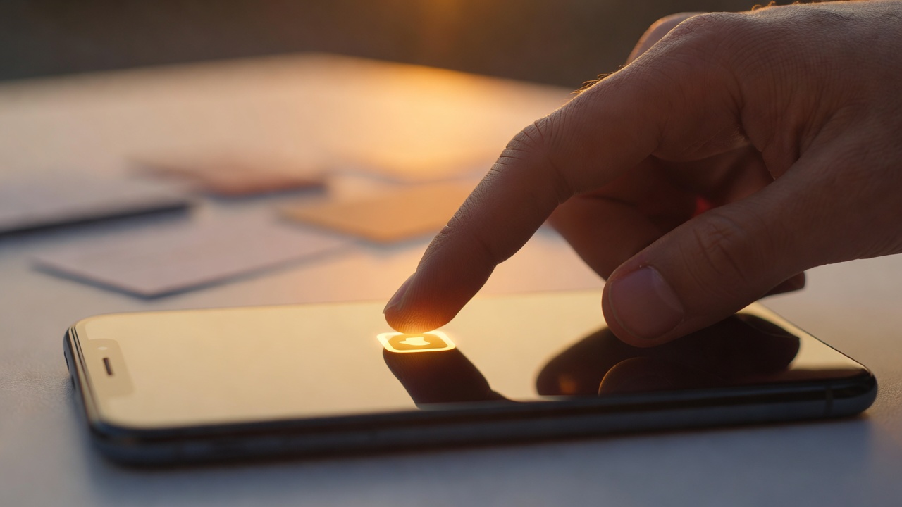 Extreme close-up of human hand hovering over smartphone screen reflecting amber sunset glow, finger poised to tap notification icon, shallow depth of field blurring background desk surface scattered with business cards, shot with 85mm lens at f/1.8 during golden hour with warm backlight