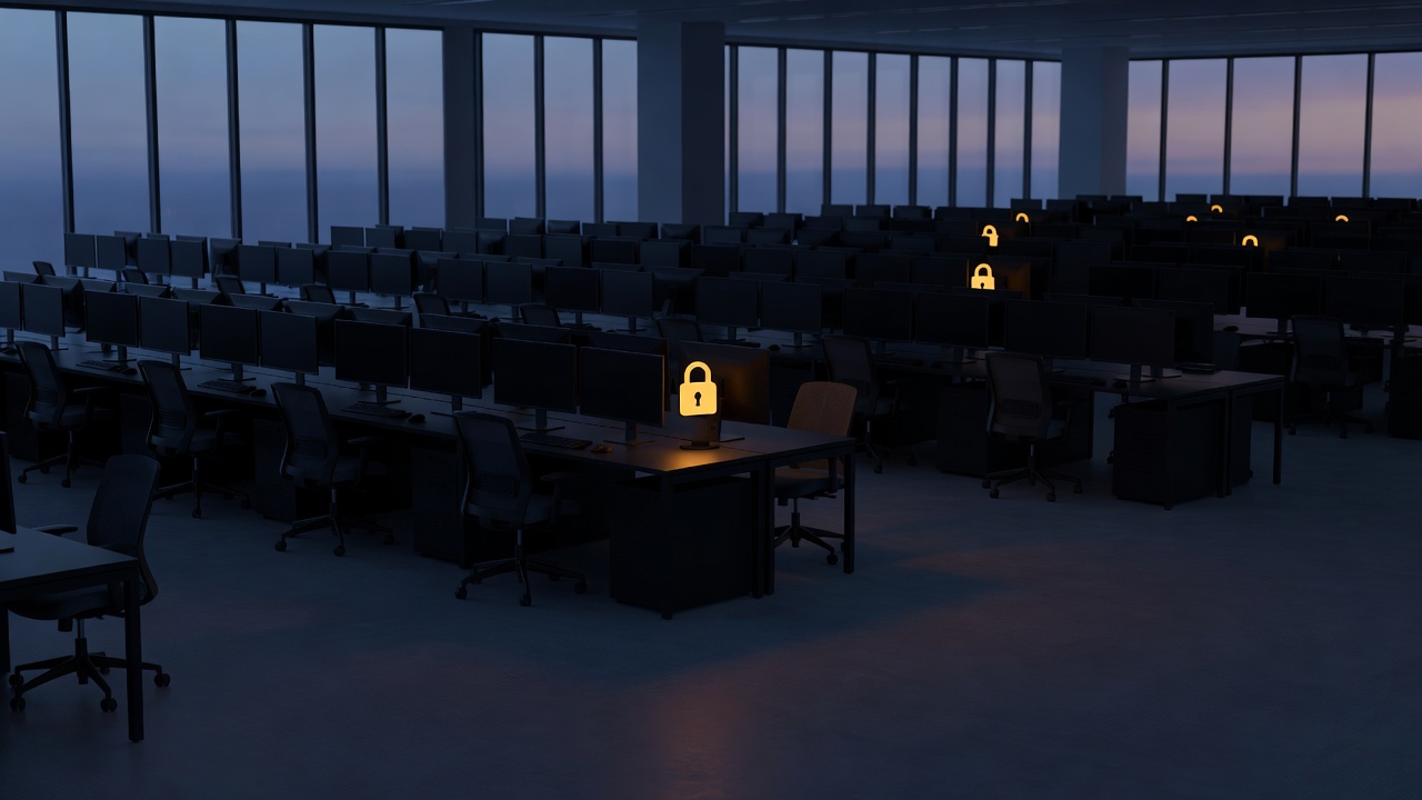 With one workstation showing a glowing amber padlock.