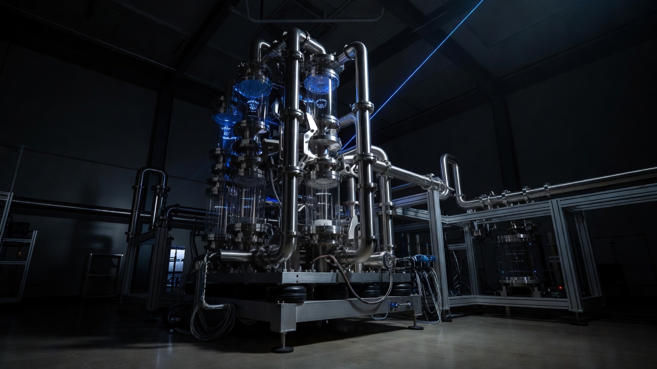 Low-angle hero shot of a neutral-atom quantum computing vacuum chamber assembly on a vibration-isolation platform, revenue milestone reacceleration implied by the system's industrial scale, moody low-key dramatic lighting with deep shadows and single cool-blue laser source accent, 24mm wide-angle lens.