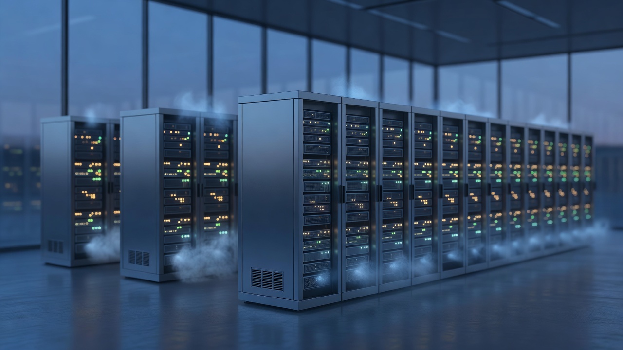Wide-angle view of a modern payment processing floor at dusk, rows of server racks with subtle indicator LEDs glowing amber and green, cooling vents releasing faint mist into cool blue ambient light, shallow depth of field isolating foreground equipment, photographed with wide-aperture lens during blue hour through tinted glass wall.