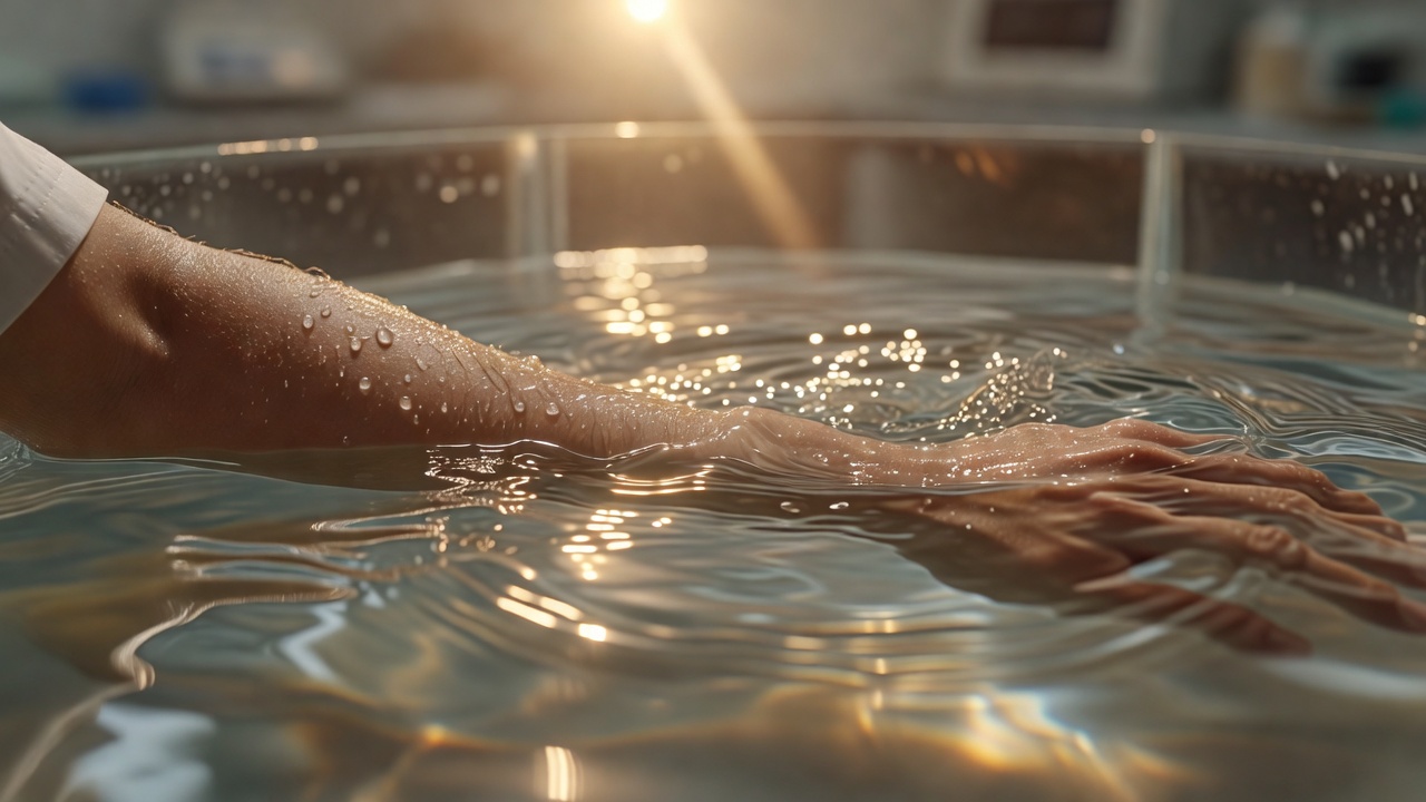 Close-up macro shot of a researcher's forearm submerged in an immersion tank, warm golden light glinting off rippling water and beaded skin, shallow depth of field, warm lens flare.