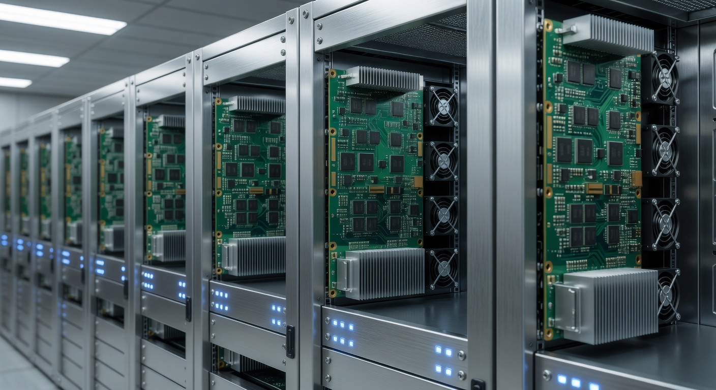 Row of Google tensor processing units mounted in industrial server racks with distinctive green circuit boards and cooling assemblies, metal chassis reflecting cool LED indicators, shot with 50mm lens at f/4, diffused overhead fluorescent lighting