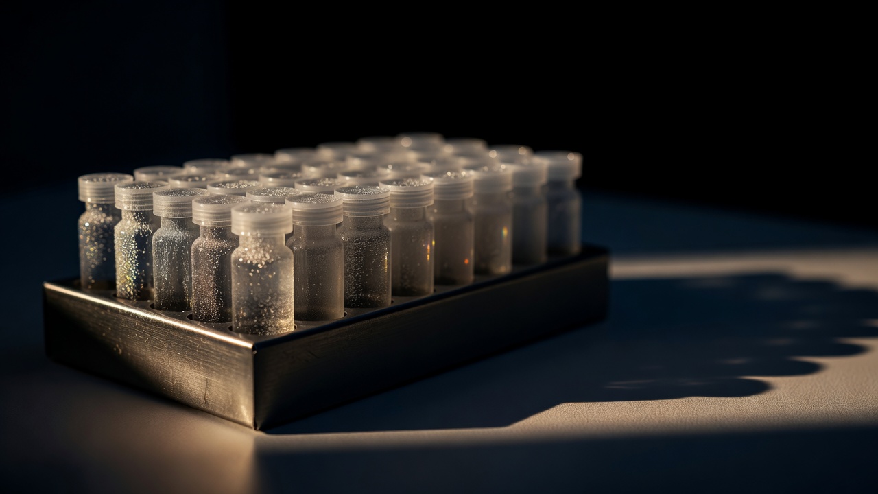 Golden-hour turned dusk shadow: a rack of PPMI biobank vials tilted low-angle into frame, frost-fogged surfaces catching a single hard sidelight, deep shadow beyond, macro lens, f/2.8.
