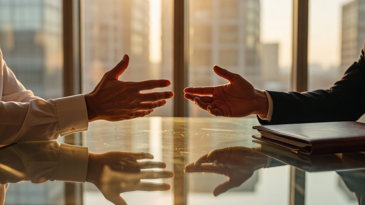 Overhead close-up of a glass conference table reflecting amber sunlight, two hands gesturing mid-negotiation, leather portfolio edge visible, warm golden-hour rim light from tall windows, shot on 50mm f/2.0, shallow depth of field.