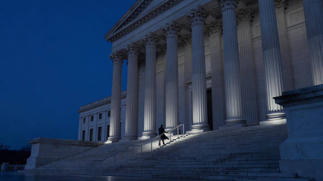 Wide establishing shot of a federal courthouse exterior at blue hour, neoclassical columns lit by cool tungsten uplights, deep indigo sky above, lone figure ascending grand stone steps toward entrance, architectural gravitas, 35mm lens with natural falloff and ambient twilight wash