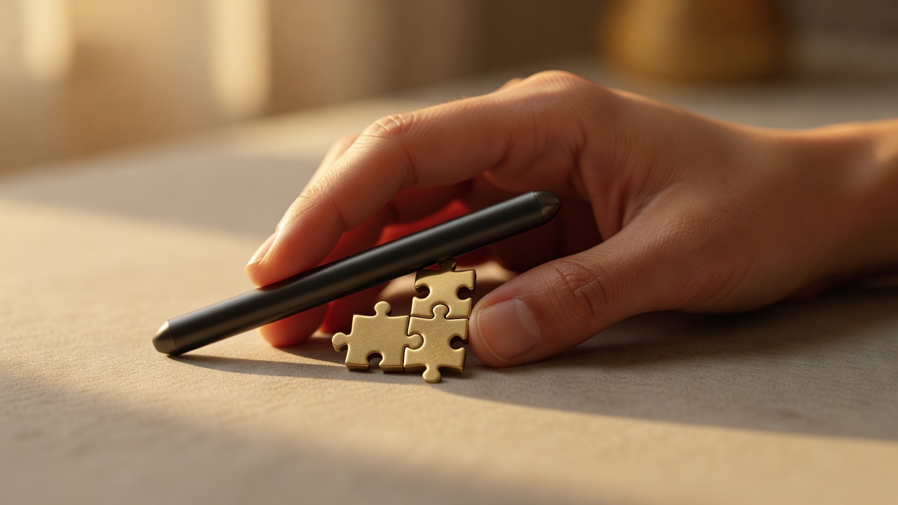 A hand rests on a slim black stylus-shaped case beside three small brass puzzle pieces locked together, suggesting separate tools combining into one.