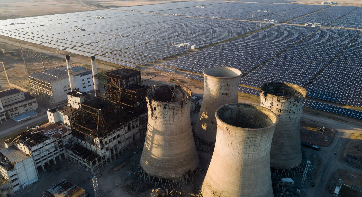 mm aerial perspective comparing abandoned coal power plant cooling towers in foreground with sprawling new solar installation in background, stark visual contrast between old and new energy infrastructure, late afternoon lighting creating texture on both facilities, diagonal composition showing energy transition