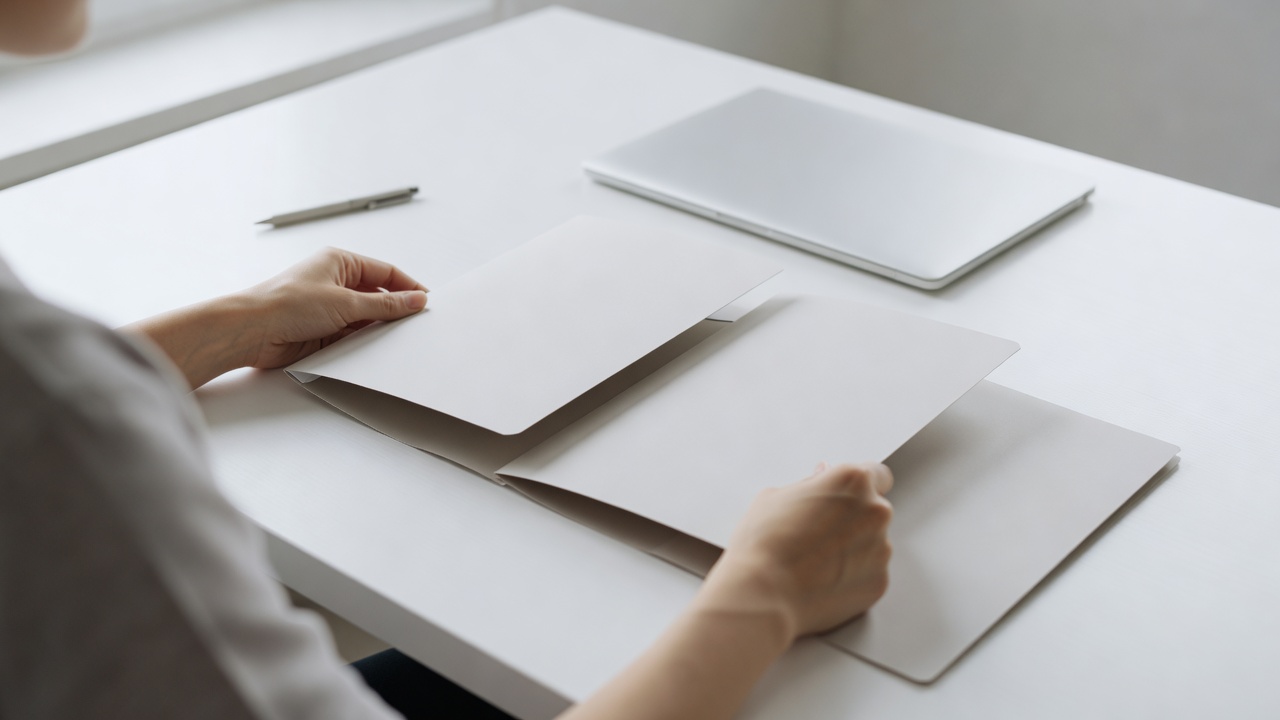 A person's hands arrange plain blank folders on a white desk beside a pen and a closed laptop.