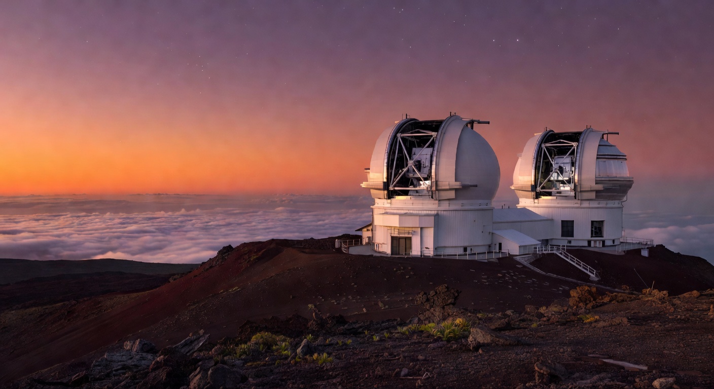 W. M. Keck Observatory twin telescope domes at twilight on the summit of Mauna Kea, Hawaii — the ground-based facility that contributed archival data combined with JWST infrared observations