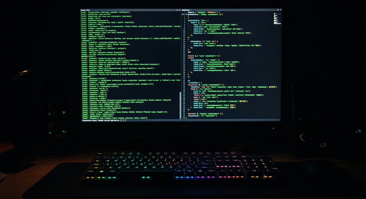 Linux developer monitor showing scrolling terminal text and JSON config side-by-side, RGB keyboard backlight in foreground, dark workspace