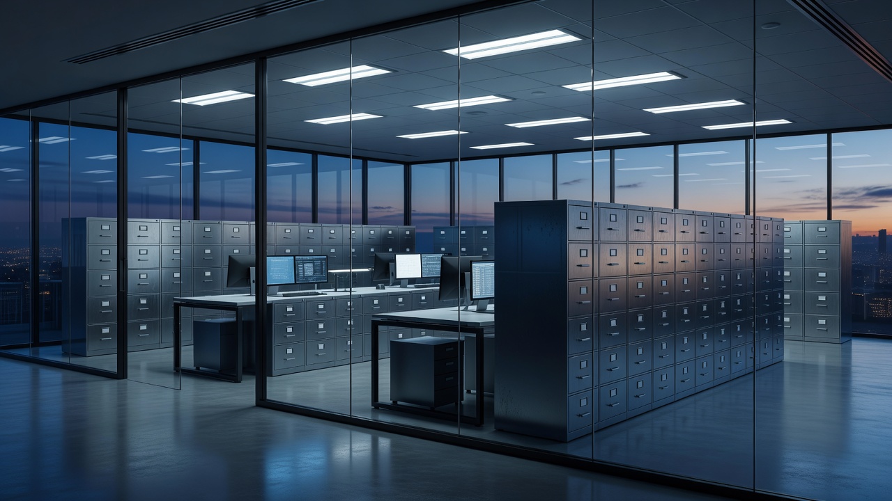 Wide shot of a glass-walled SEC filing room at dusk, rows of archival filing cabinets and modern workstations under cool blue fluorescent overhead lighting, city twilight visible through windows, shot with 24mm lens in ambient blue-hour tone.