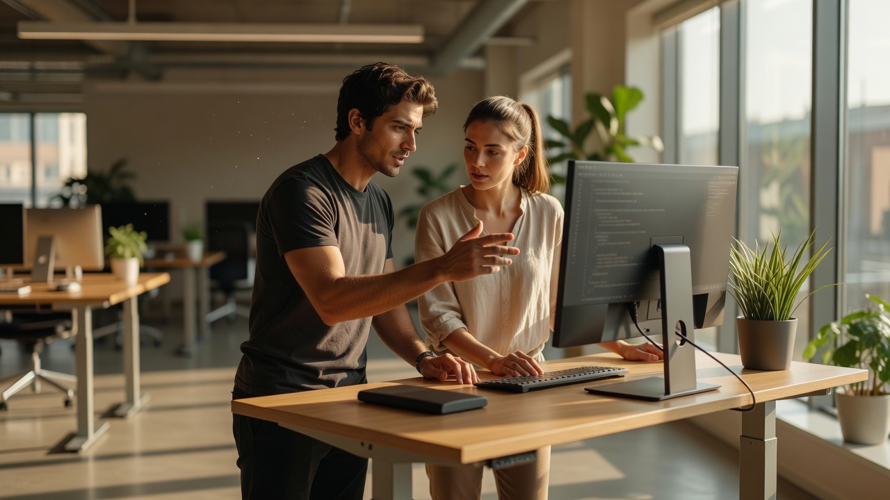 Two software engineers collaborating at a standing desk in a modern office
