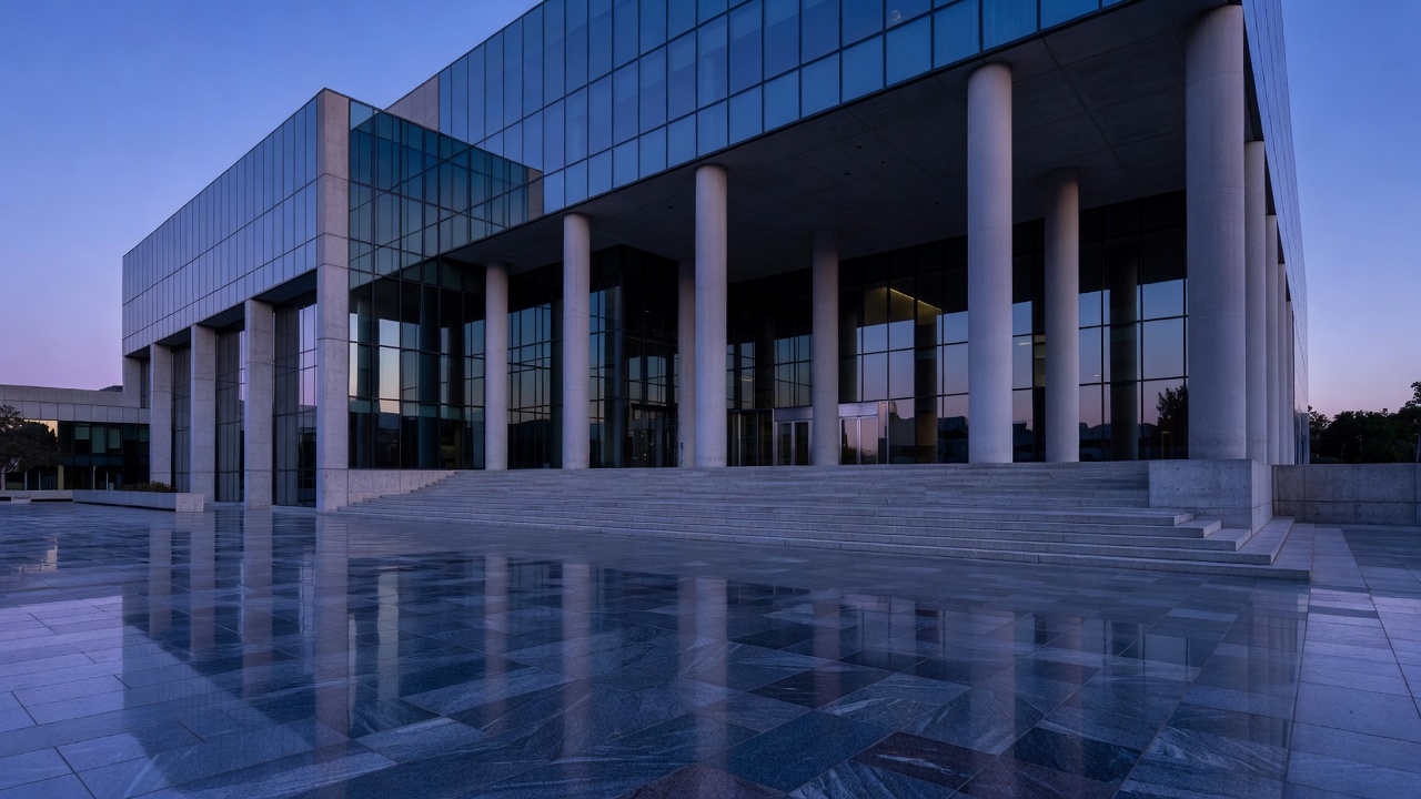 Federal courthouse entrance plaza in the Northern District of California, wide establishing shot.