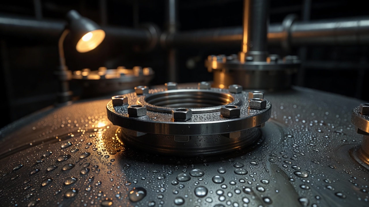 Underground liquid-xenon tank's stainless steel flange and bolted seal glinting, condensation beads on cold metal, macro close-up, warm amber work-light glow, shallow depth of field, 100mm macro lens.