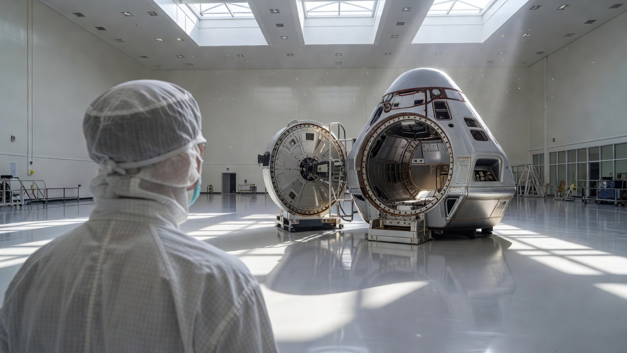 Engineer in cleanroom gear looks across a bright, empty facility floor toward a spacecraft capsule with an open hatch and a separate docking adapter ring.