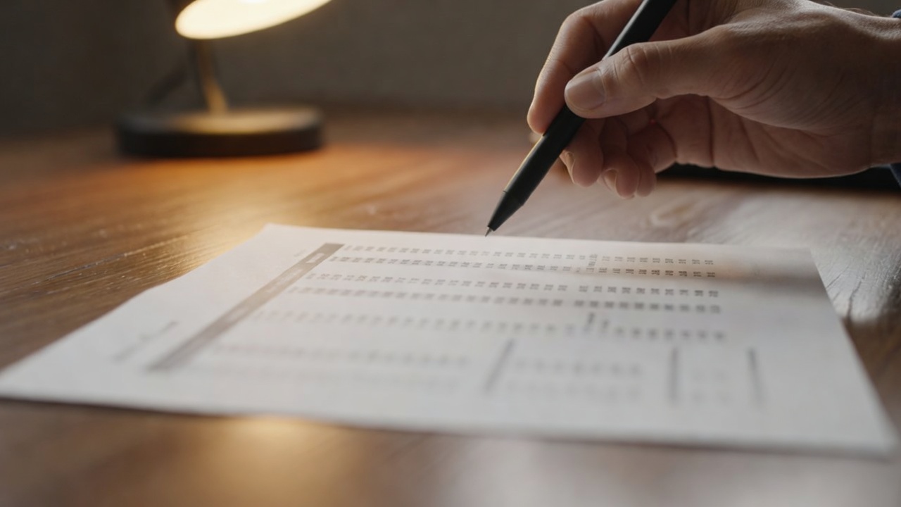 Overhead macro shot of a business analyst's hand hovering over a printed earnings report, pen underlining 