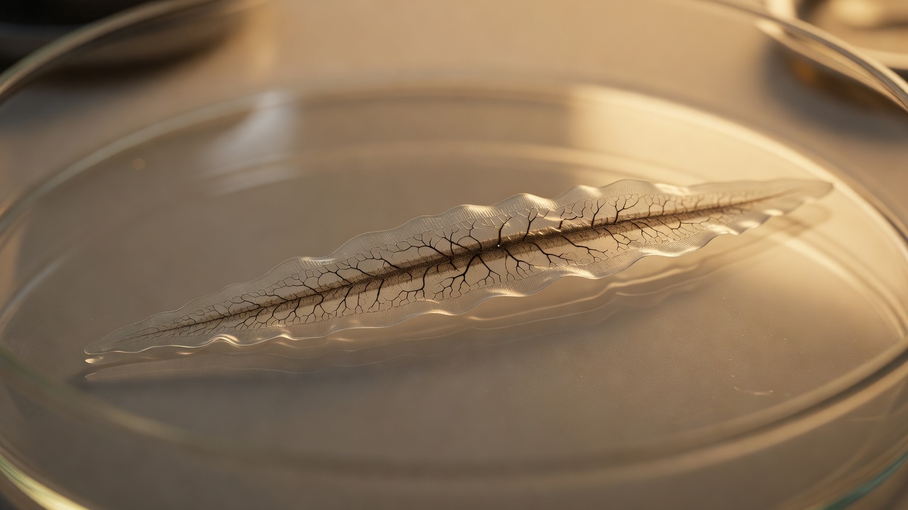Tight macro close-up of a live planarian flatworm gliding across a glass petri dish surface, translucent body and branching gut visible, warm amber laboratory light, shallow depth of field.