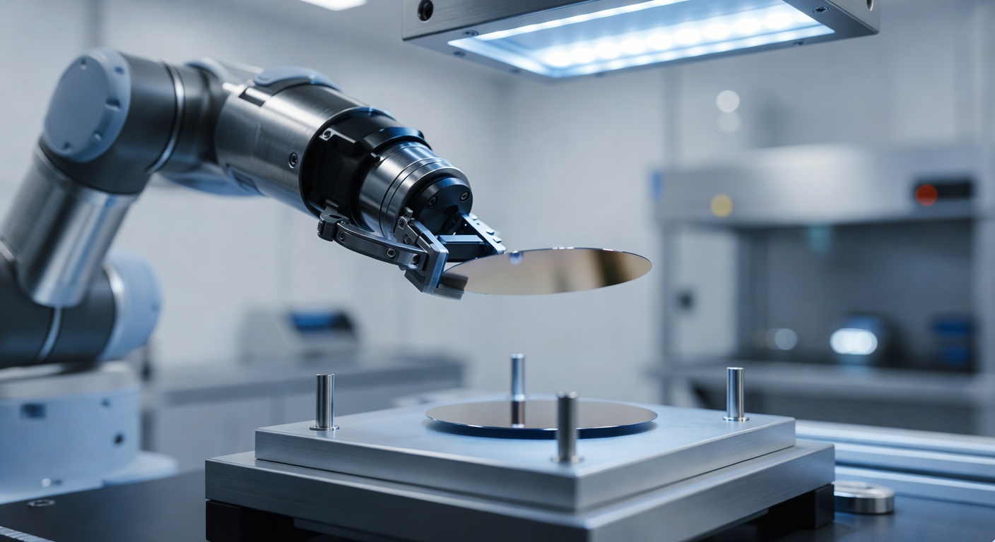 close-up of robotic arm placing thin silicon wafer onto manufacturing stage with precision alignment pins, shot on 85mm lens f/1.8, shallow depth of field, sterile blue-white cleanroom lighting