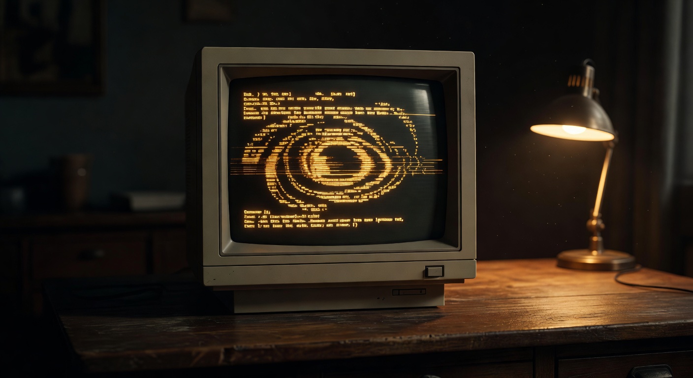 Vintage CRT monitor on a wooden desk glowing with an abstract amber terminal prompt, warm desk-lamp bokeh in the background.